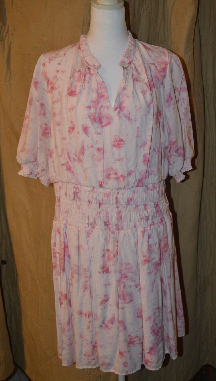 Nine West XXL Pink Floral Tie-Dye Smocked Waist Ruffle Neck Short Sleeve Dress